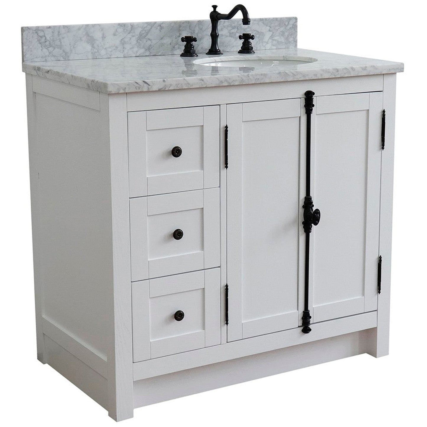 Bellaterra Home Plantation 37" 2-Door 3-Drawer Glacier Ash Freestanding Vanity Set With Ceramic Right Offset Undermount Oval Sink and White Carrara Marble Top