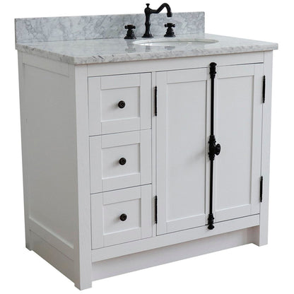 Bellaterra Home Plantation 37" 2-Door 3-Drawer Glacier Ash Freestanding Vanity Set With Ceramic Right Offset Undermount Oval Sink and White Carrara Marble Top