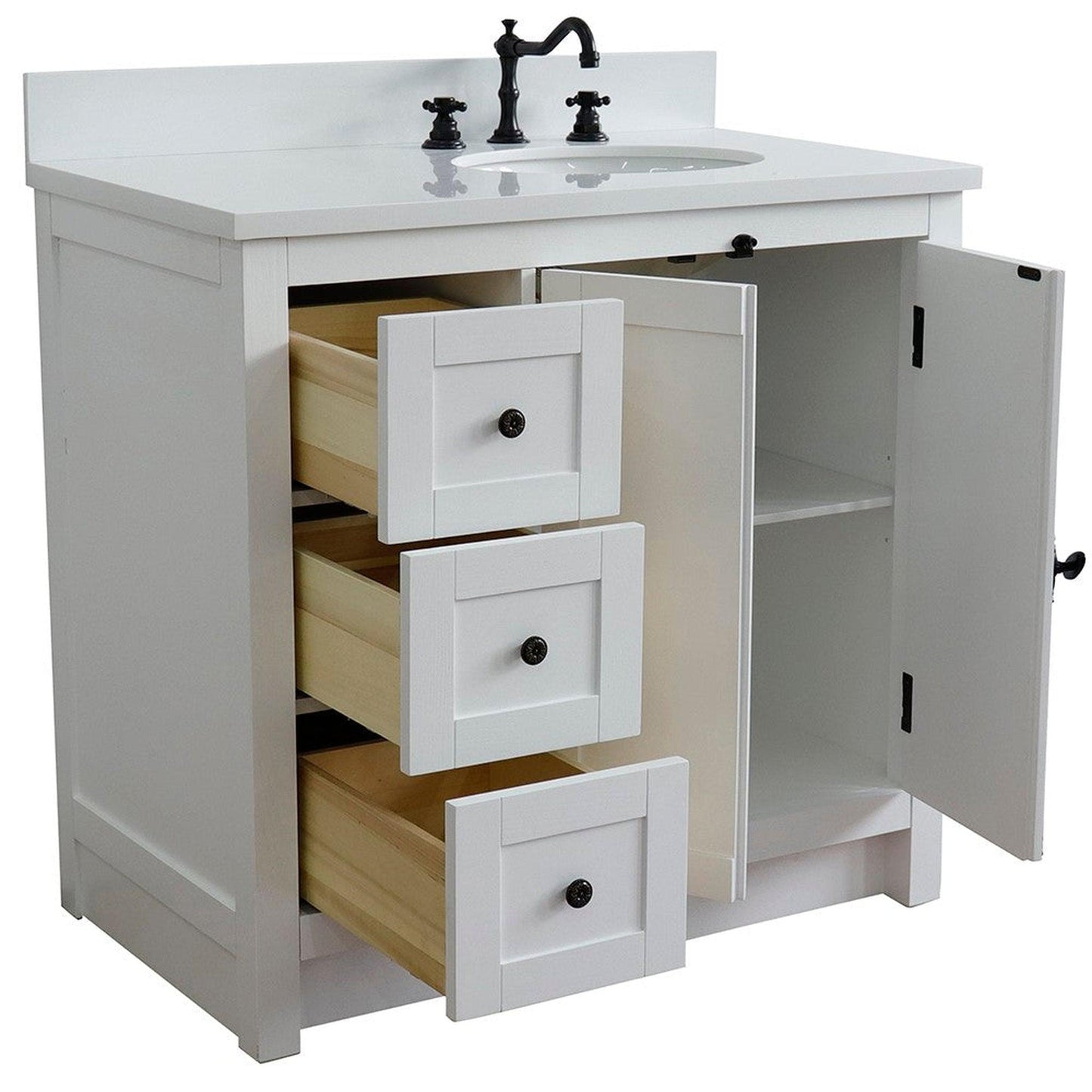 Bellaterra Home Plantation 37" 2-Door 3-Drawer Glacier Ash Freestanding Vanity Set With Ceramic Right Offset Undermount Oval Sink and White Quartz Top