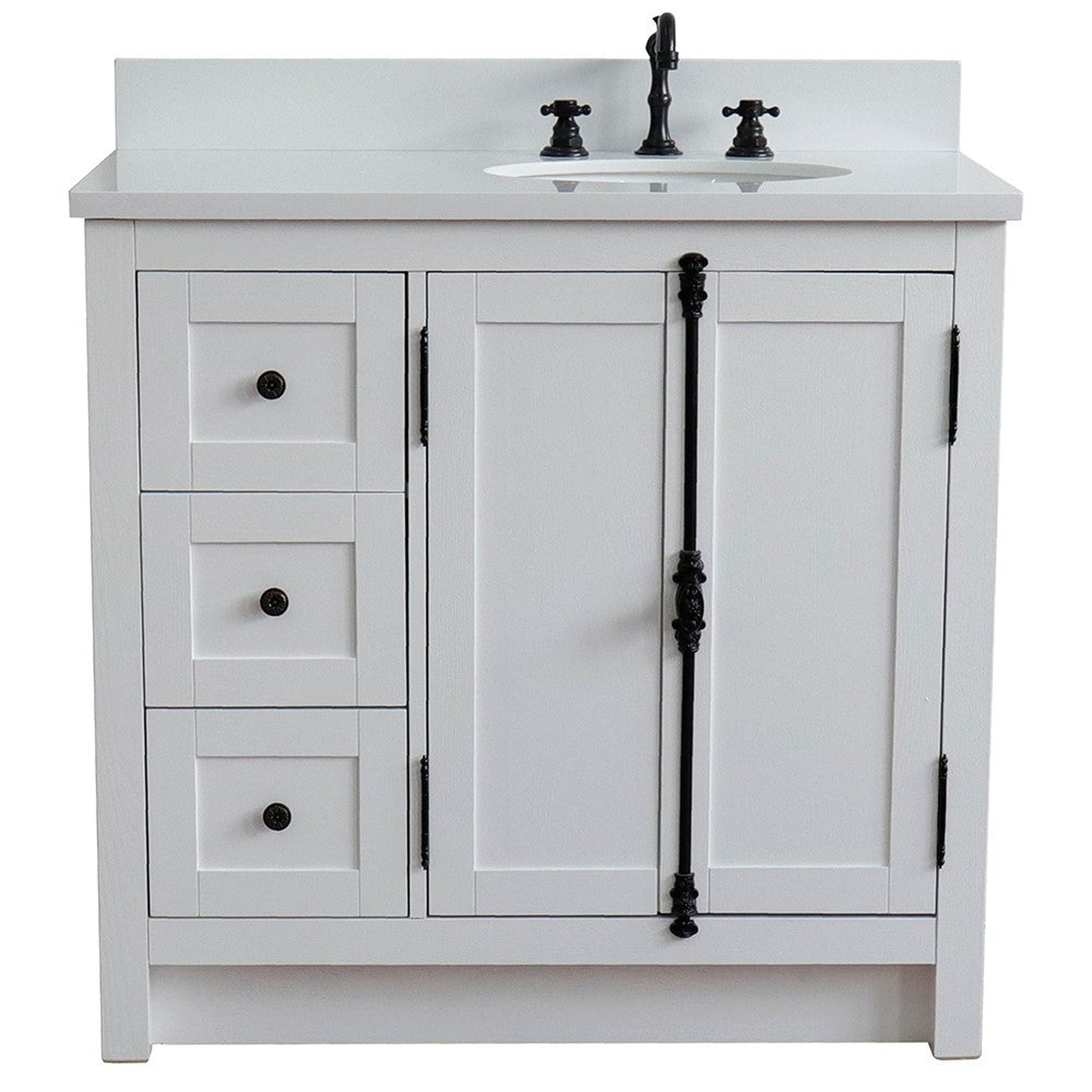 Bellaterra Home Plantation 37" 2-Door 3-Drawer Glacier Ash Freestanding Vanity Set With Ceramic Right Offset Undermount Oval Sink and White Quartz Top