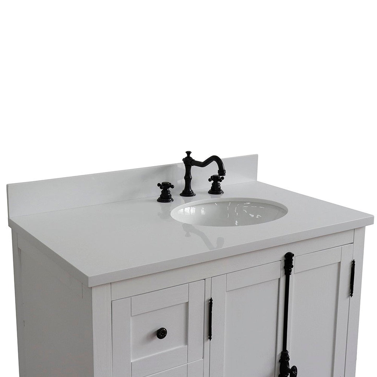 Bellaterra Home Plantation 37" 2-Door 3-Drawer Glacier Ash Freestanding Vanity Set With Ceramic Right Offset Undermount Oval Sink and White Quartz Top