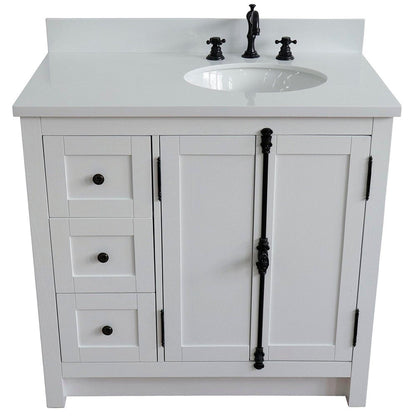 Bellaterra Home Plantation 37" 2-Door 3-Drawer Glacier Ash Freestanding Vanity Set With Ceramic Right Offset Undermount Oval Sink and White Quartz Top