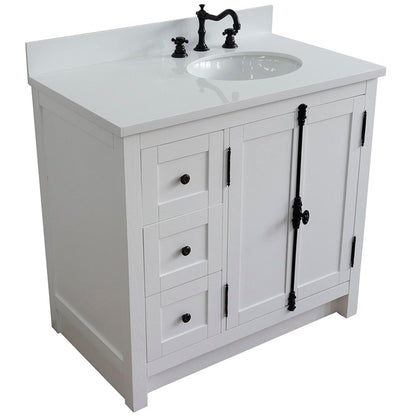 Bellaterra Home Plantation 37" 2-Door 3-Drawer Glacier Ash Freestanding Vanity Set With Ceramic Right Offset Undermount Oval Sink and White Quartz Top