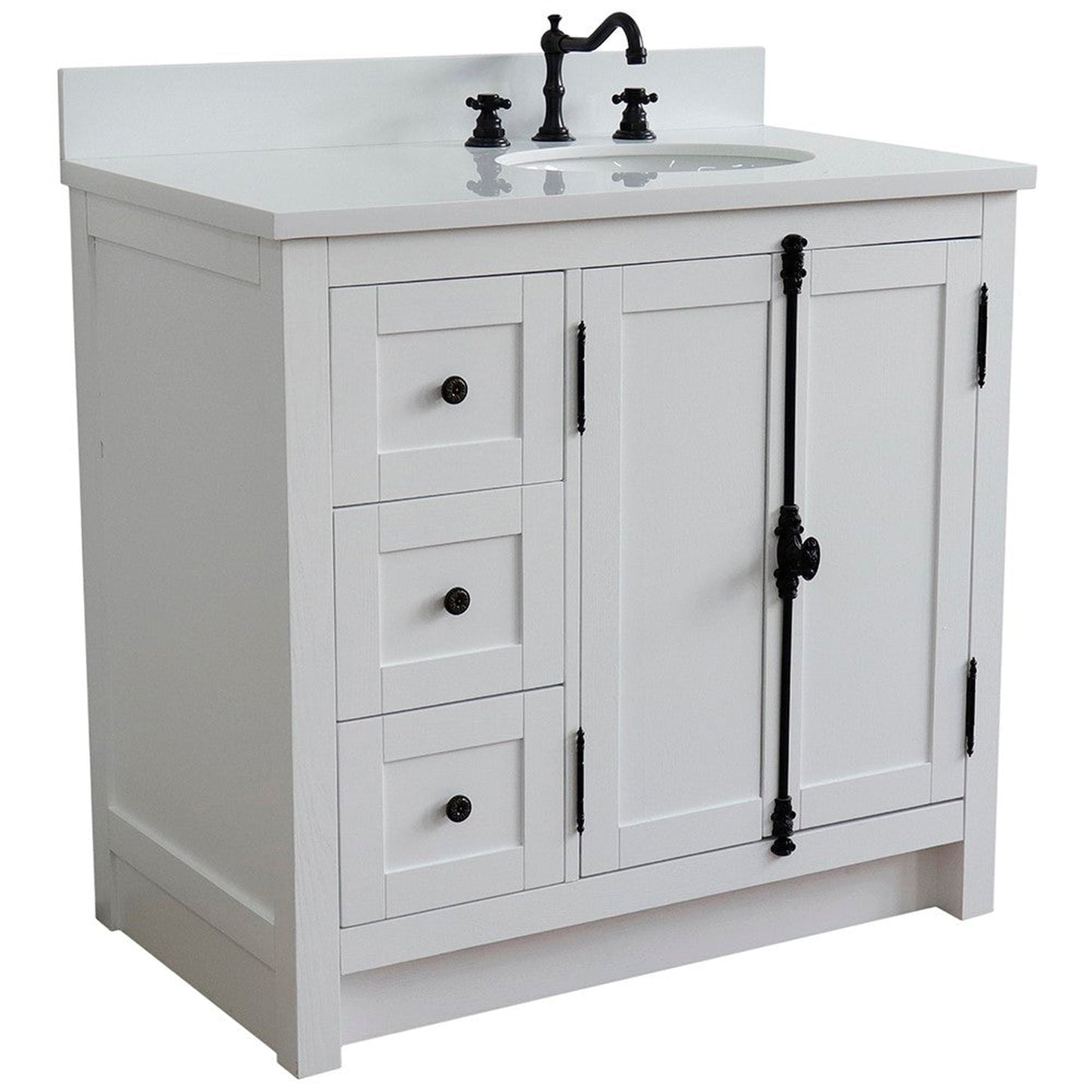 Bellaterra Home Plantation 37" 2-Door 3-Drawer Glacier Ash Freestanding Vanity Set With Ceramic Right Offset Undermount Oval Sink and White Quartz Top