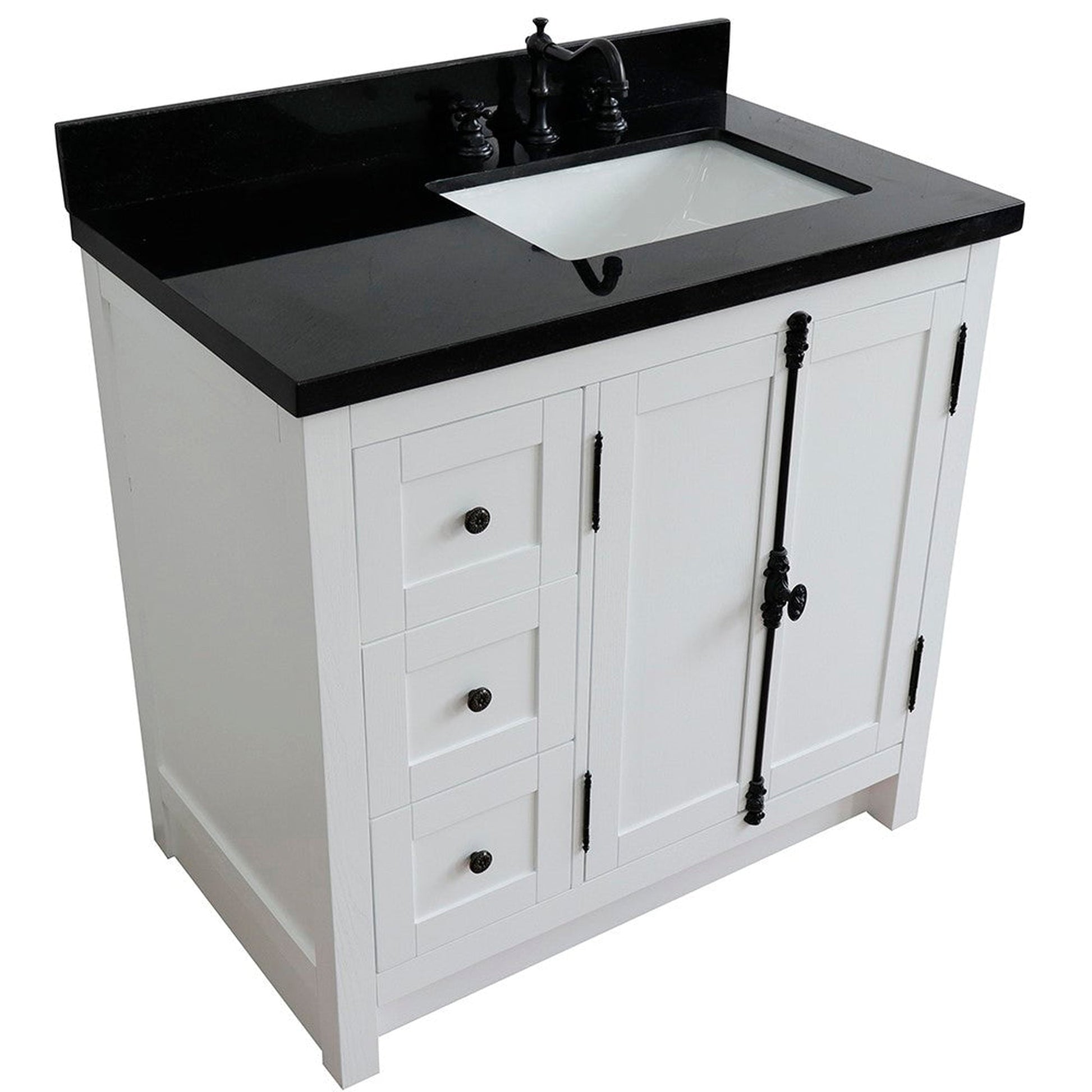 Bellaterra Home Plantation 37" 2-Door 3-Drawer Glacier Ash Freestanding Vanity Set With Ceramic Right Offset Undermount Rectangular Sink and Black Galaxy Top