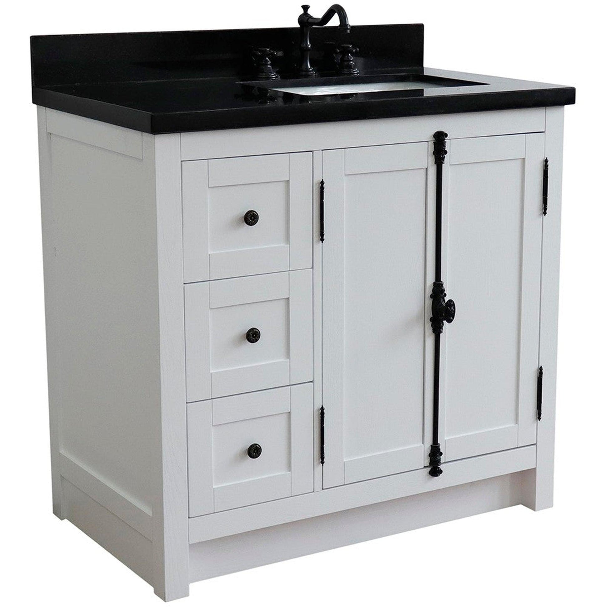 Bellaterra Home Plantation 37" 2-Door 3-Drawer Glacier Ash Freestanding Vanity Set With Ceramic Right Offset Undermount Rectangular Sink and Black Galaxy Top