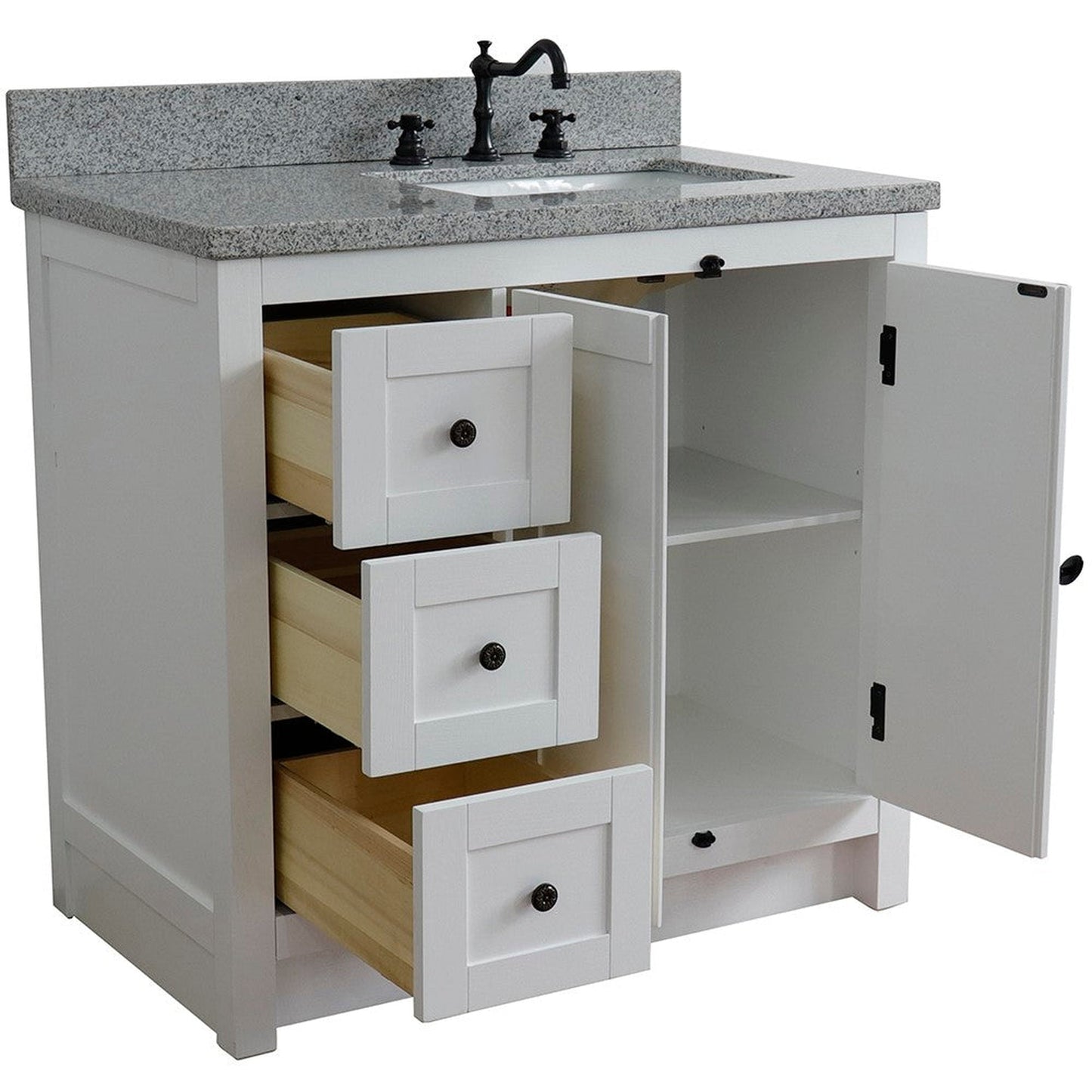 Bellaterra Home Plantation 37" 2-Door 3-Drawer Glacier Ash Freestanding Vanity Set With Ceramic Right Offset Undermount Rectangular Sink and Gray Granite Top