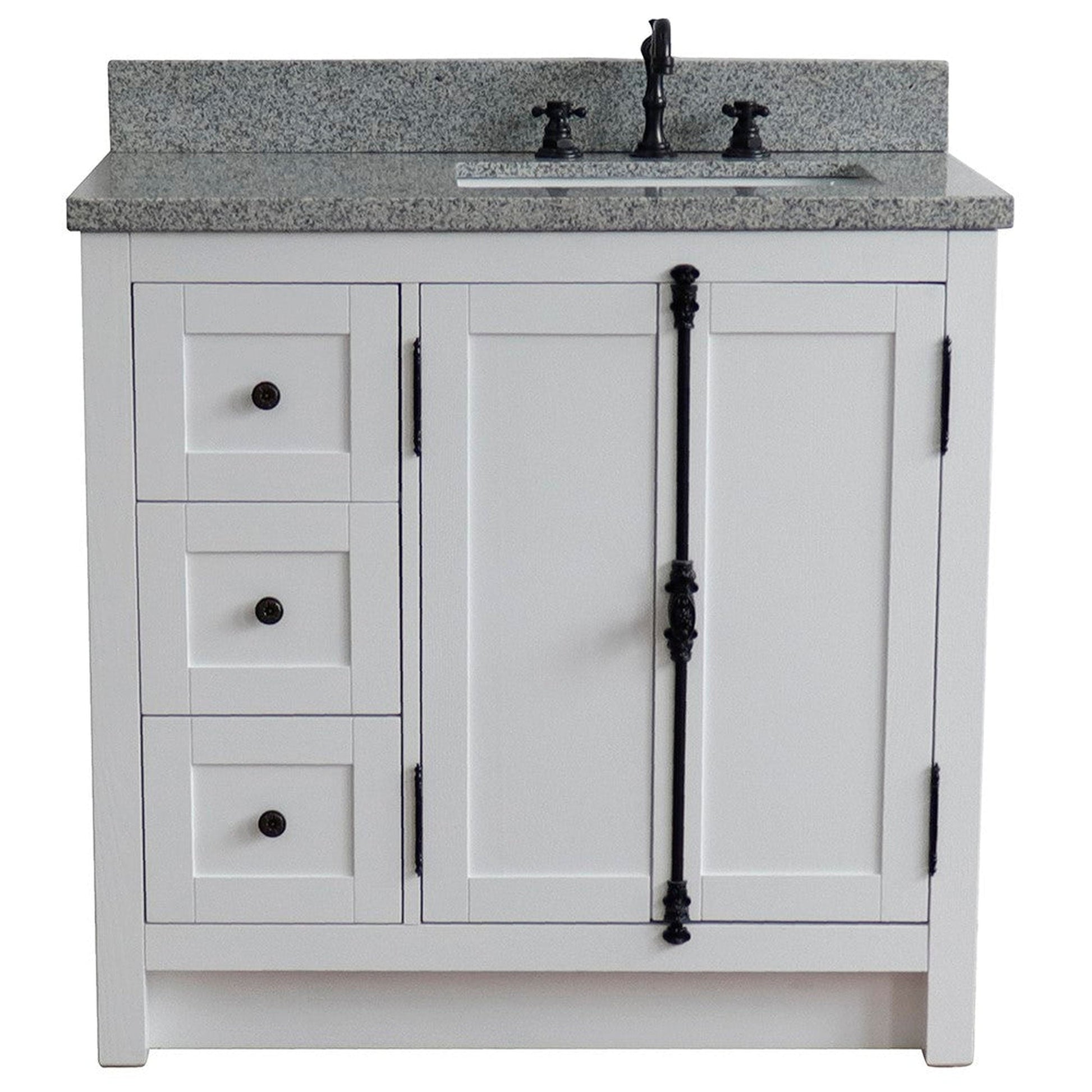 Bellaterra Home Plantation 37" 2-Door 3-Drawer Glacier Ash Freestanding Vanity Set With Ceramic Right Offset Undermount Rectangular Sink and Gray Granite Top