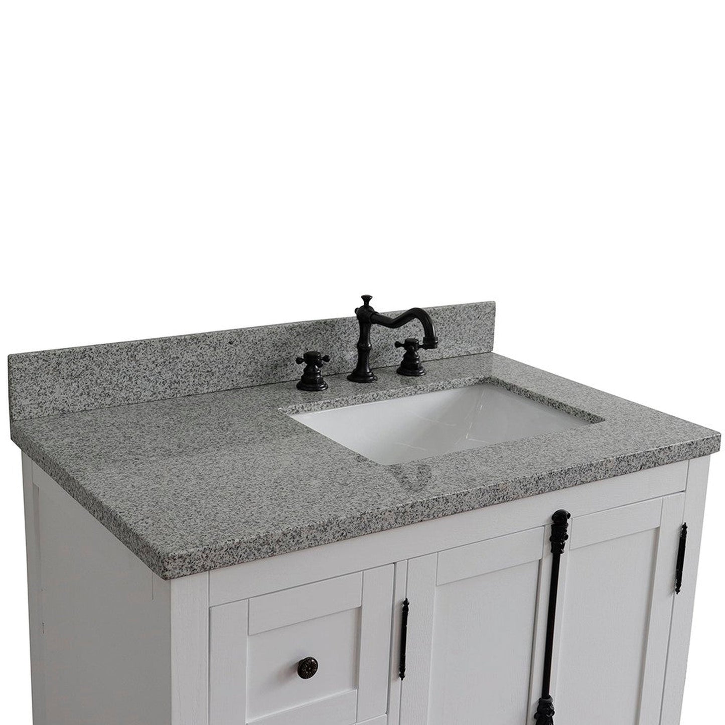 Bellaterra Home Plantation 37" 2-Door 3-Drawer Glacier Ash Freestanding Vanity Set With Ceramic Right Offset Undermount Rectangular Sink and Gray Granite Top