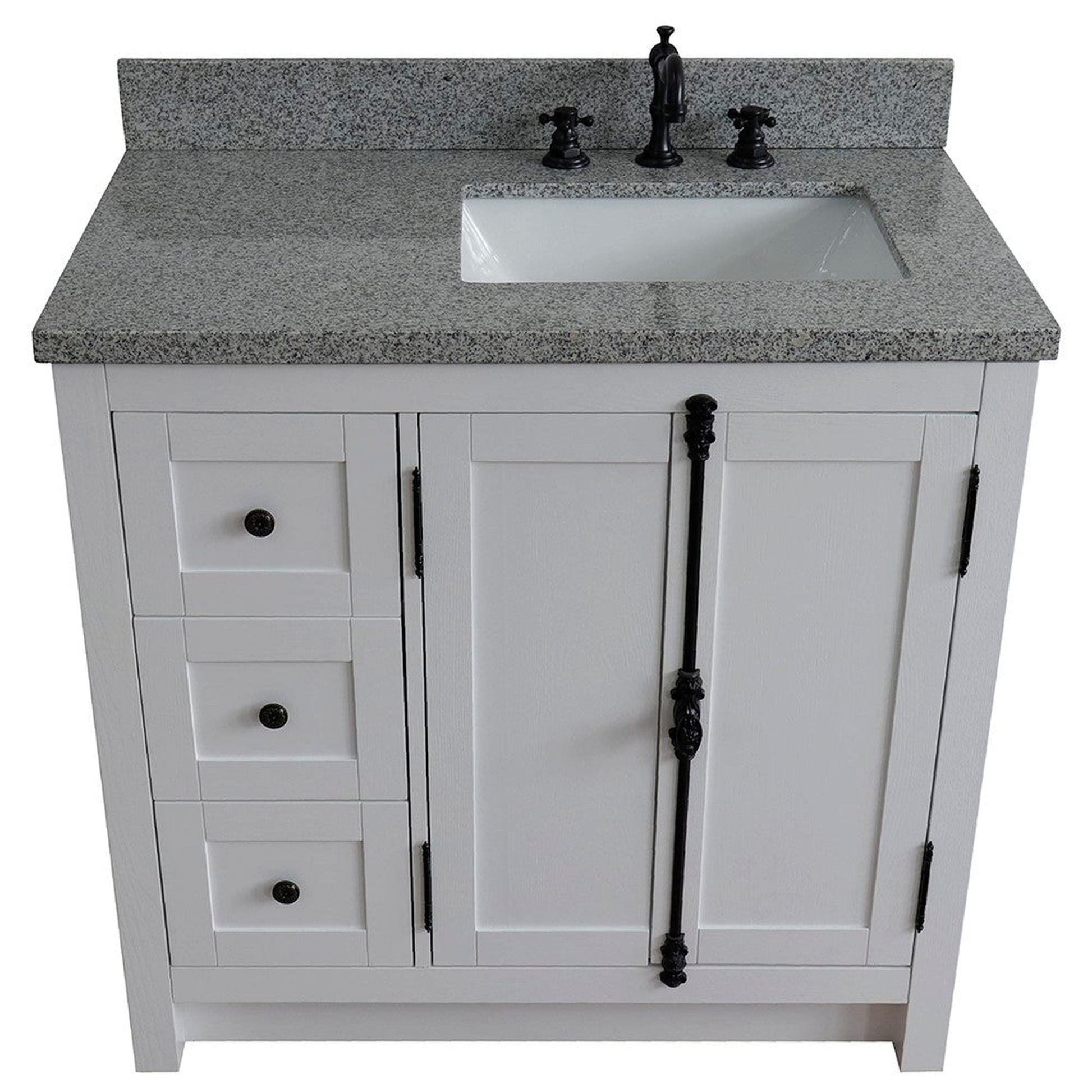 Bellaterra Home Plantation 37" 2-Door 3-Drawer Glacier Ash Freestanding Vanity Set With Ceramic Right Offset Undermount Rectangular Sink and Gray Granite Top