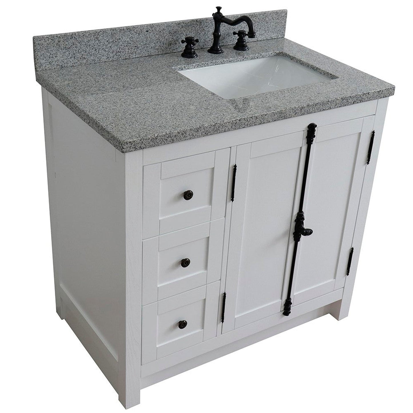 Bellaterra Home Plantation 37" 2-Door 3-Drawer Glacier Ash Freestanding Vanity Set With Ceramic Right Offset Undermount Rectangular Sink and Gray Granite Top