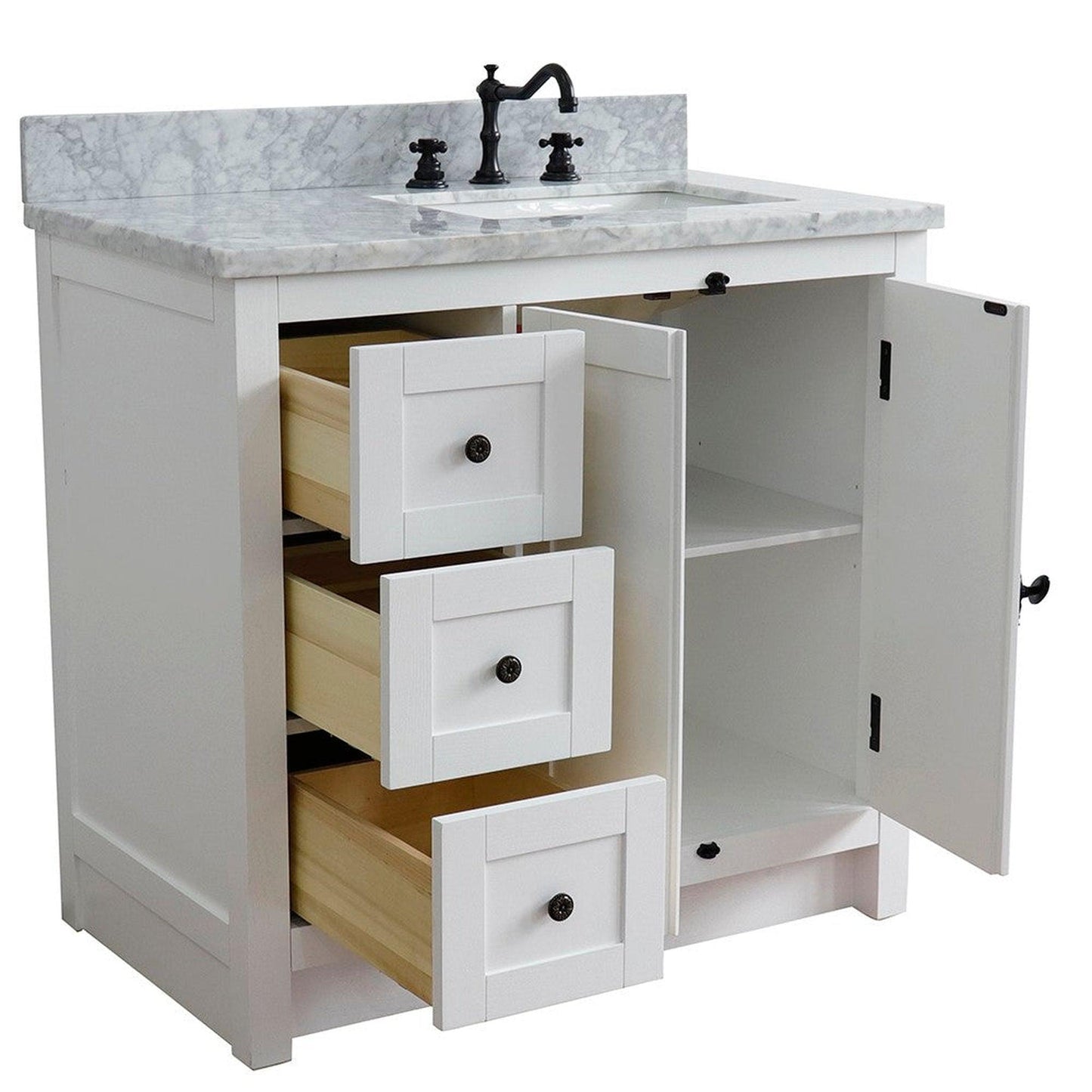 Bellaterra Home Plantation 37" 2-Door 3-Drawer Glacier Ash Freestanding Vanity Set With Ceramic Right Offset Undermount Rectangular Sink and White Carrara Marble Top