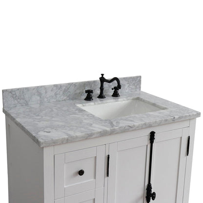 Bellaterra Home Plantation 37" 2-Door 3-Drawer Glacier Ash Freestanding Vanity Set With Ceramic Right Offset Undermount Rectangular Sink and White Carrara Marble Top