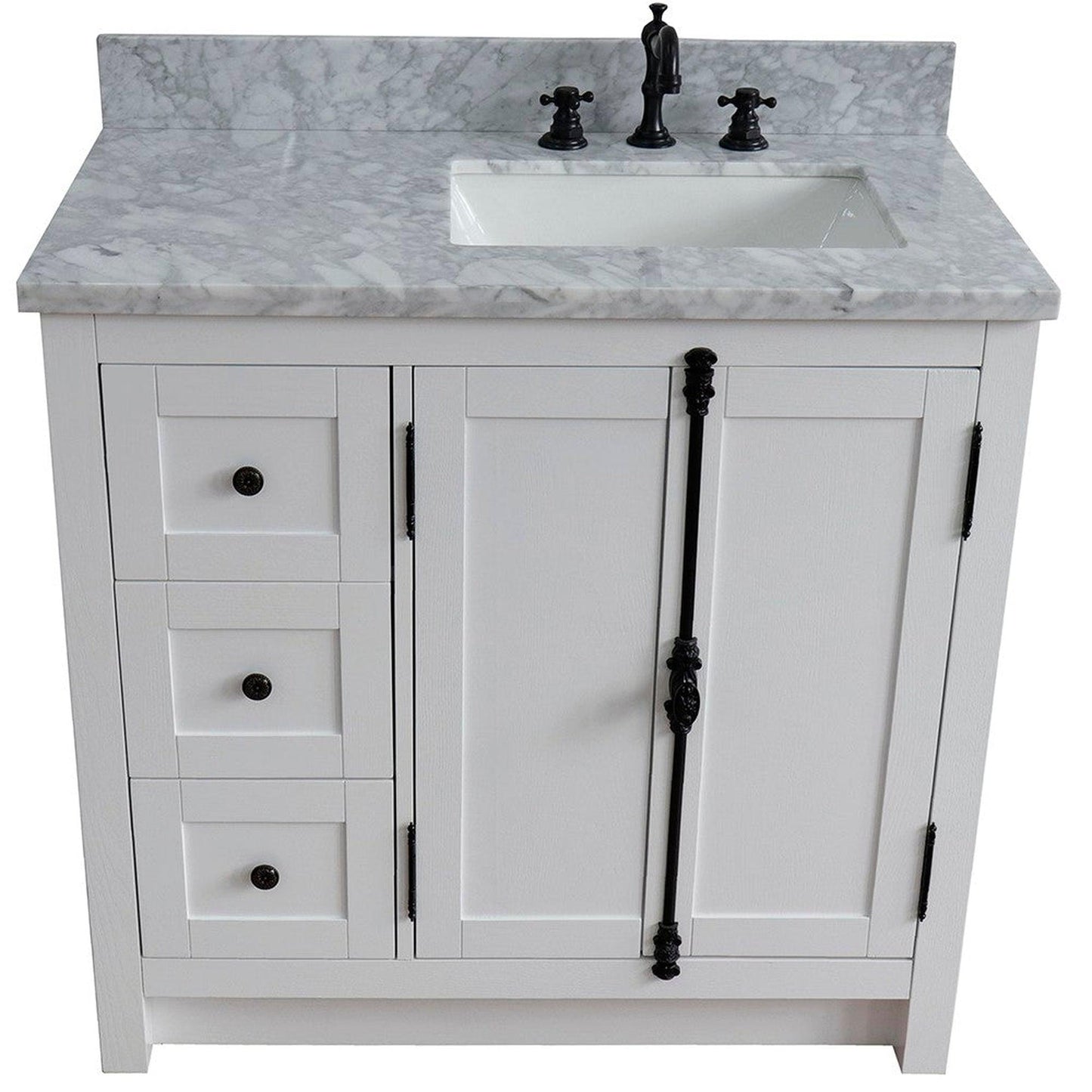 Bellaterra Home Plantation 37" 2-Door 3-Drawer Glacier Ash Freestanding Vanity Set With Ceramic Right Offset Undermount Rectangular Sink and White Carrara Marble Top