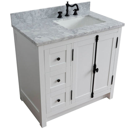 Bellaterra Home Plantation 37" 2-Door 3-Drawer Glacier Ash Freestanding Vanity Set With Ceramic Right Offset Undermount Rectangular Sink and White Carrara Marble Top