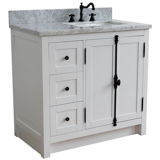 Bellaterra Home Plantation 37" 2-Door 3-Drawer Glacier Ash Freestanding Vanity Set With Ceramic Right Offset Undermount Rectangular Sink and White Carrara Marble Top