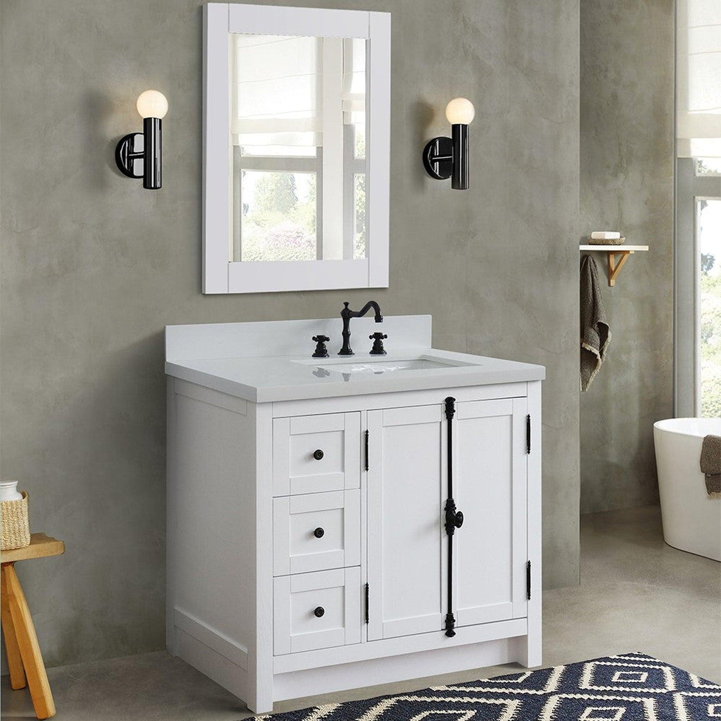 Bellaterra Home Plantation 37" 2-Door 3-Drawer Glacier Ash Freestanding Vanity Set With Ceramic Right Offset Undermount Rectangular Sink and White Quartz Top