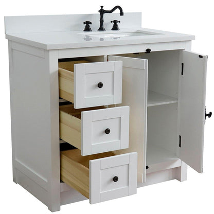 Bellaterra Home Plantation 37" 2-Door 3-Drawer Glacier Ash Freestanding Vanity Set With Ceramic Right Offset Undermount Rectangular Sink and White Quartz Top