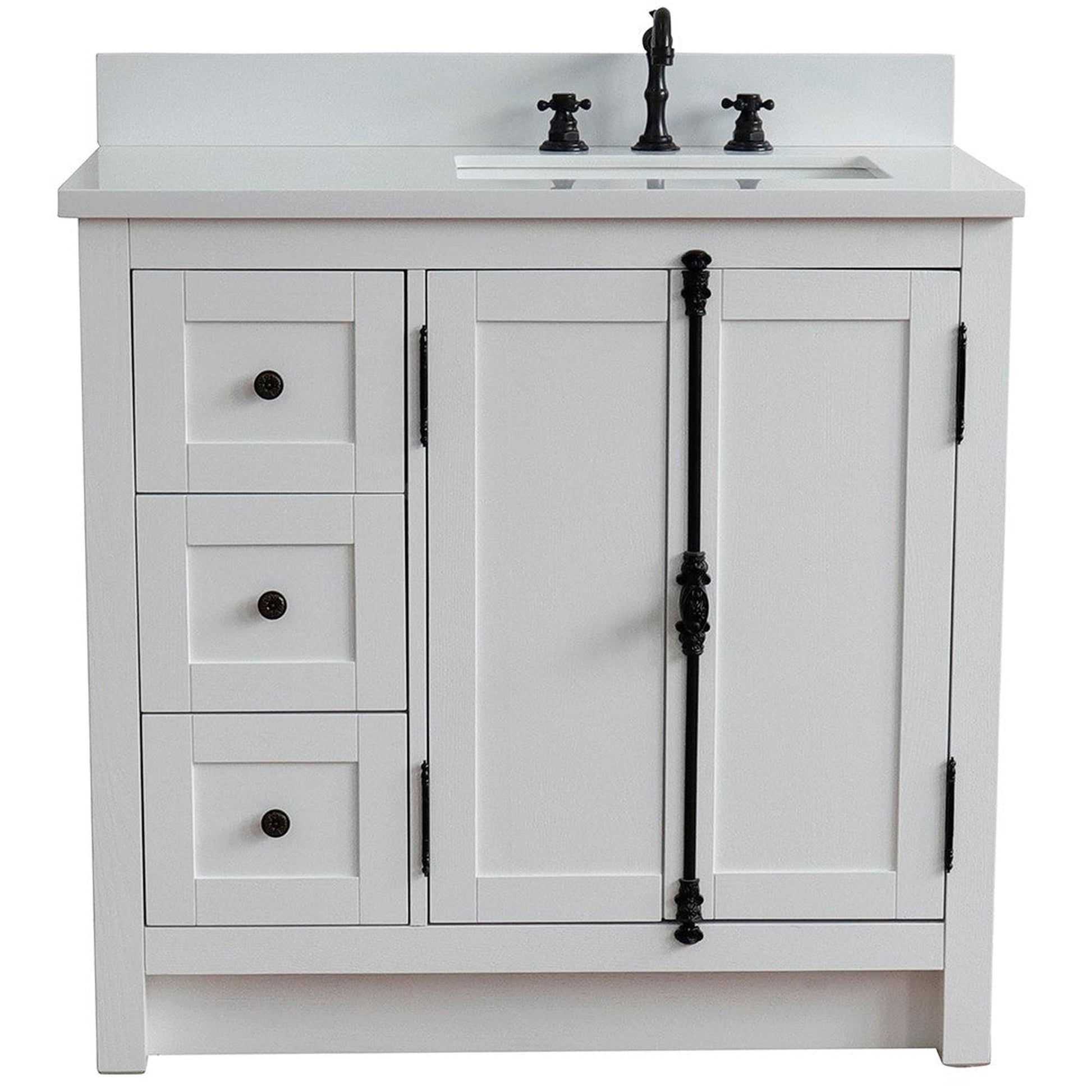 Bellaterra Home Plantation 37" 2-Door 3-Drawer Glacier Ash Freestanding Vanity Set With Ceramic Right Offset Undermount Rectangular Sink and White Quartz Top