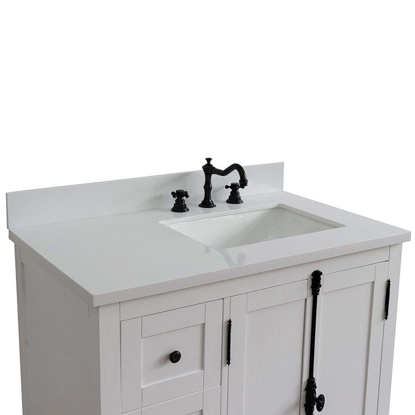 Bellaterra Home Plantation 37" 2-Door 3-Drawer Glacier Ash Freestanding Vanity Set With Ceramic Right Offset Undermount Rectangular Sink and White Quartz Top