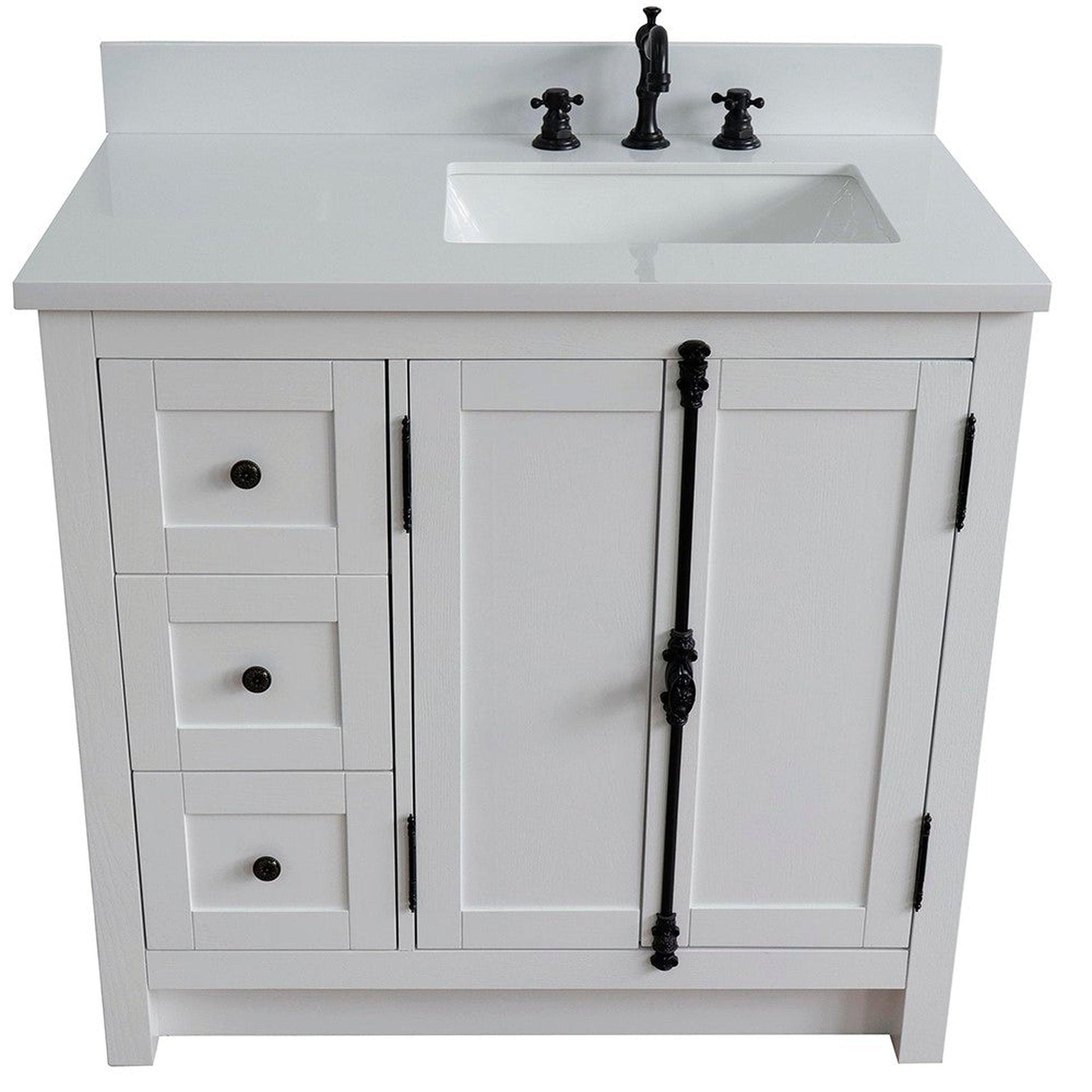 Bellaterra Home Plantation 37" 2-Door 3-Drawer Glacier Ash Freestanding Vanity Set With Ceramic Right Offset Undermount Rectangular Sink and White Quartz Top