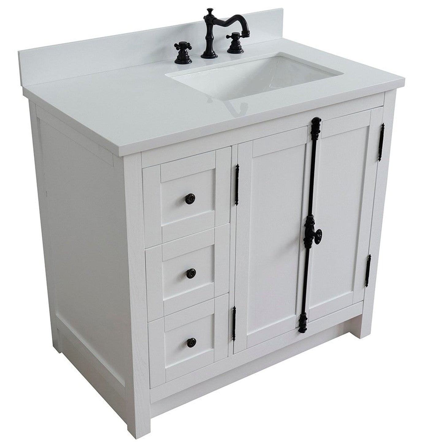 Bellaterra Home Plantation 37" 2-Door 3-Drawer Glacier Ash Freestanding Vanity Set With Ceramic Right Offset Undermount Rectangular Sink and White Quartz Top