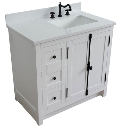 Bellaterra Home Plantation 37" 2-Door 3-Drawer Glacier Ash Freestanding Vanity Set With Ceramic Right Offset Undermount Rectangular Sink and White Quartz Top