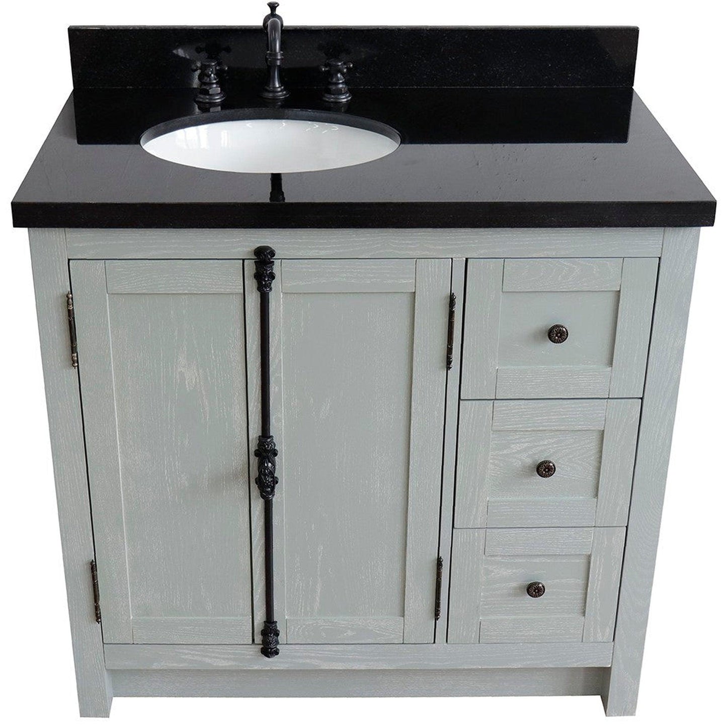 Bellaterra Home Plantation 37" 2-Door 3-Drawer Gray Ash Freestanding Vanity Set With Ceramic Left Offset Undermount Oval Sink and Black Galaxy Top