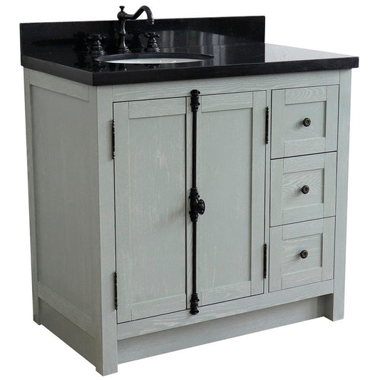 Bellaterra Home Plantation 37" 2-Door 3-Drawer Gray Ash Freestanding Vanity Set With Ceramic Left Offset Undermount Oval Sink and Black Galaxy Top