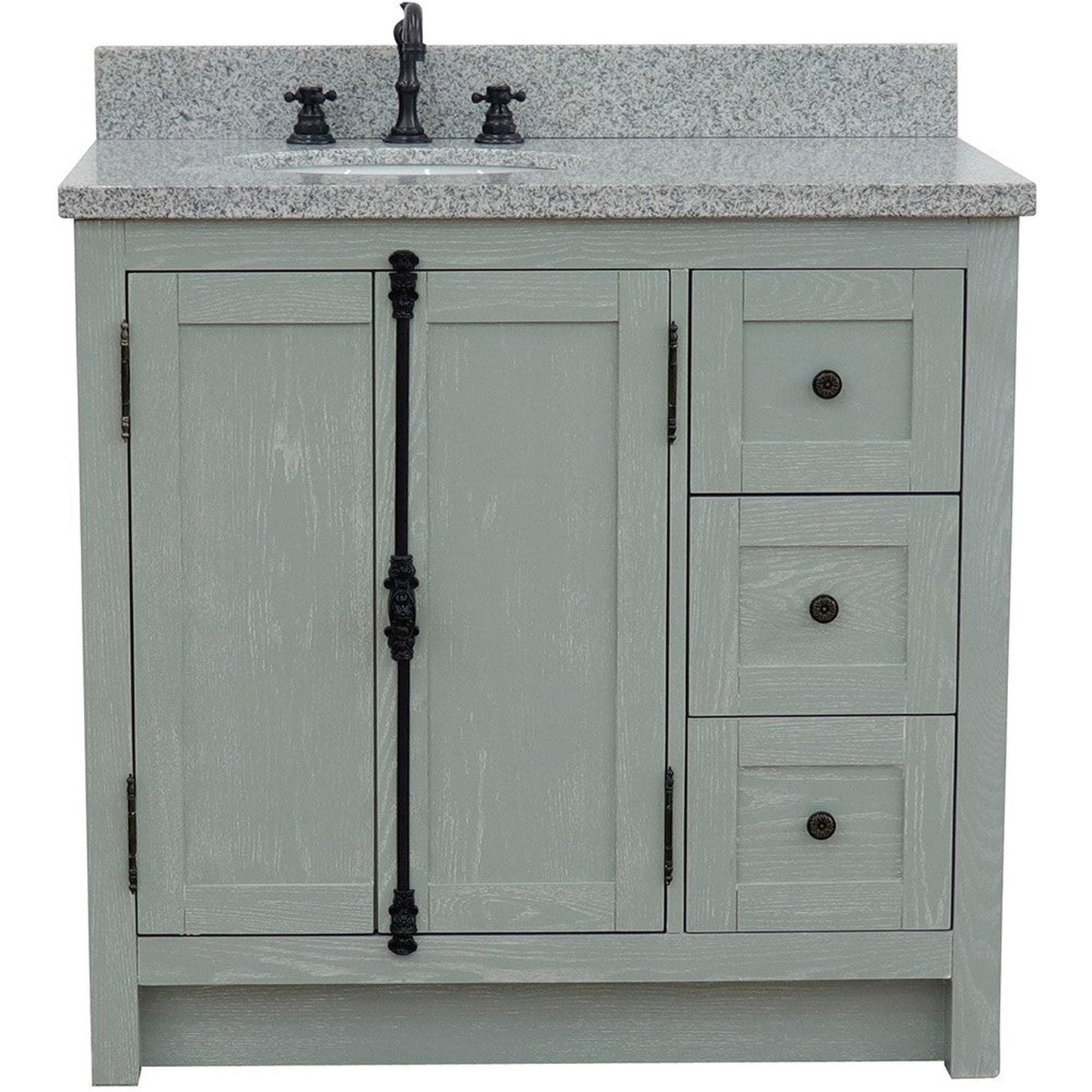 Bellaterra Home Plantation 37" 2-Door 3-Drawer Gray Ash Freestanding Vanity Set With Ceramic Left Offset Undermount Oval Sink and Gray Granite Top