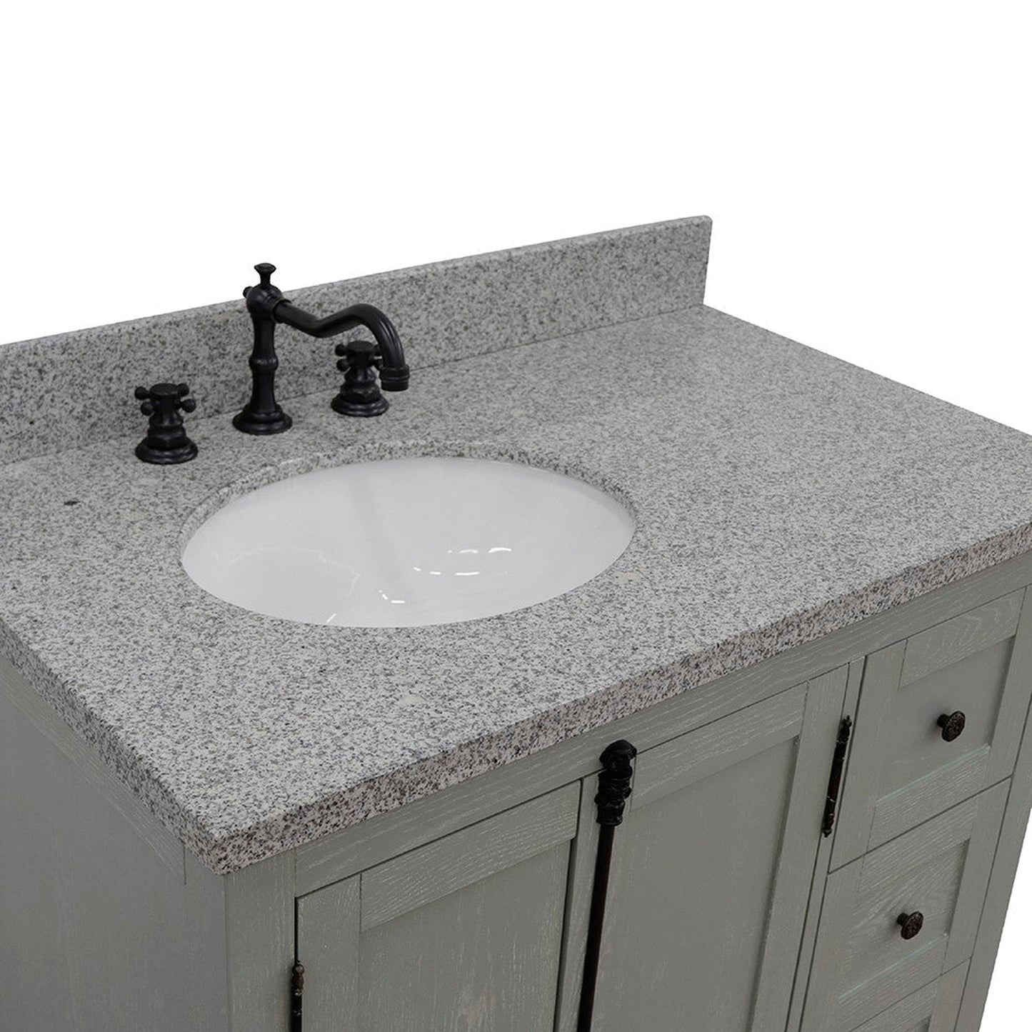 Bellaterra Home Plantation 37" 2-Door 3-Drawer Gray Ash Freestanding Vanity Set With Ceramic Left Offset Undermount Oval Sink and Gray Granite Top