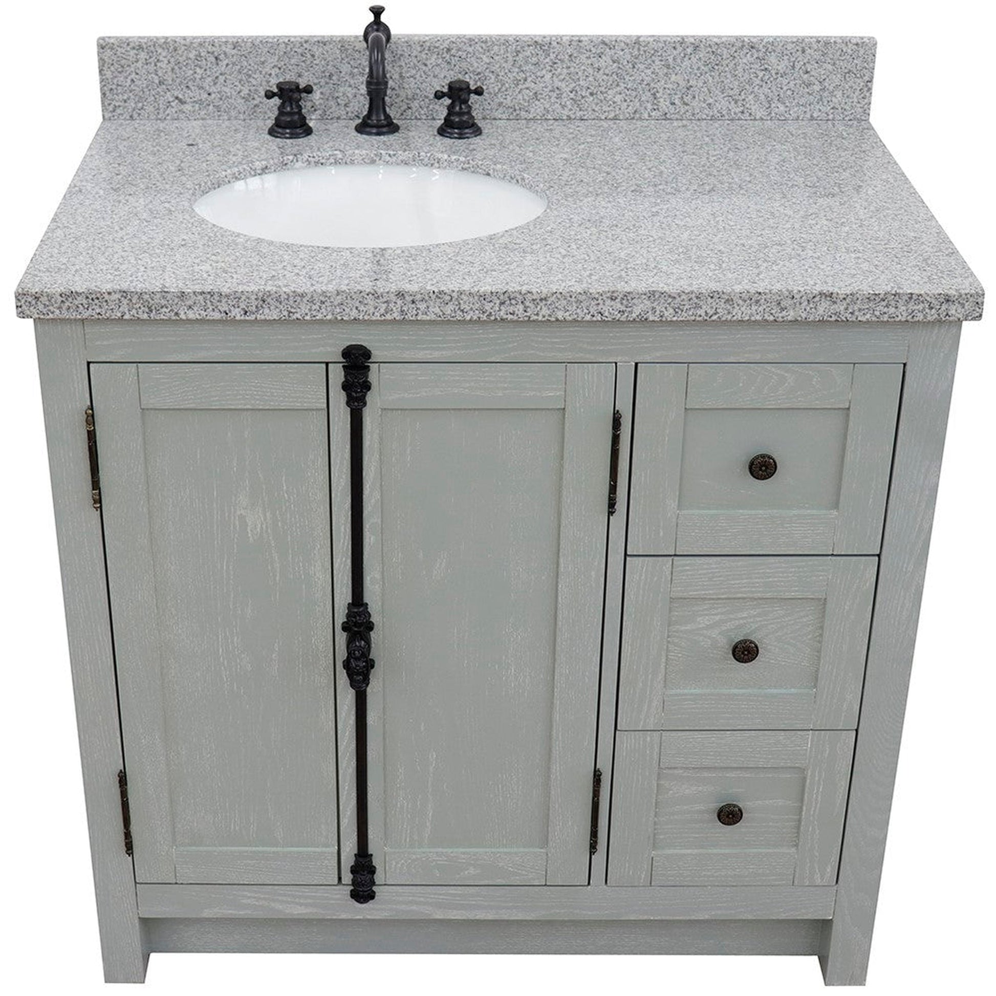 Bellaterra Home Plantation 37" 2-Door 3-Drawer Gray Ash Freestanding Vanity Set With Ceramic Left Offset Undermount Oval Sink and Gray Granite Top