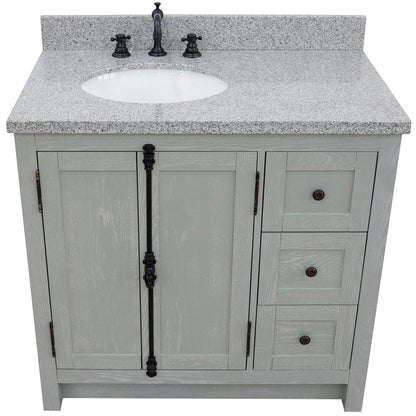 Bellaterra Home Plantation 37" 2-Door 3-Drawer Gray Ash Freestanding Vanity Set With Ceramic Left Offset Undermount Oval Sink and Gray Granite Top