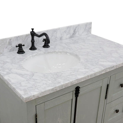 Bellaterra Home Plantation 37" 2-Door 3-Drawer Gray Ash Freestanding Vanity Set With Ceramic Left Offset Undermount Oval Sink and White Carrara Marble Top