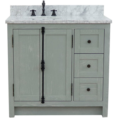 Bellaterra Home Plantation 37" 2-Door 3-Drawer Gray Ash Freestanding Vanity Set With Ceramic Left Offset Undermount Oval Sink and White Carrara Marble Top