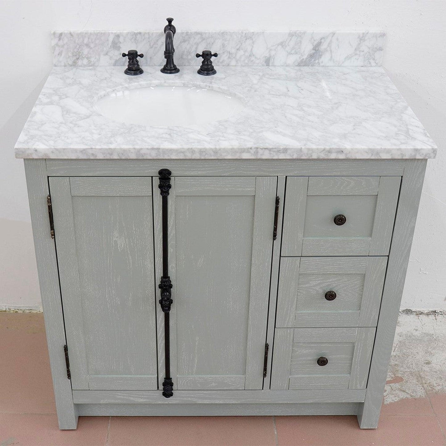 Bellaterra Home Plantation 37" 2-Door 3-Drawer Gray Ash Freestanding Vanity Set With Ceramic Left Offset Undermount Oval Sink and White Carrara Marble Top