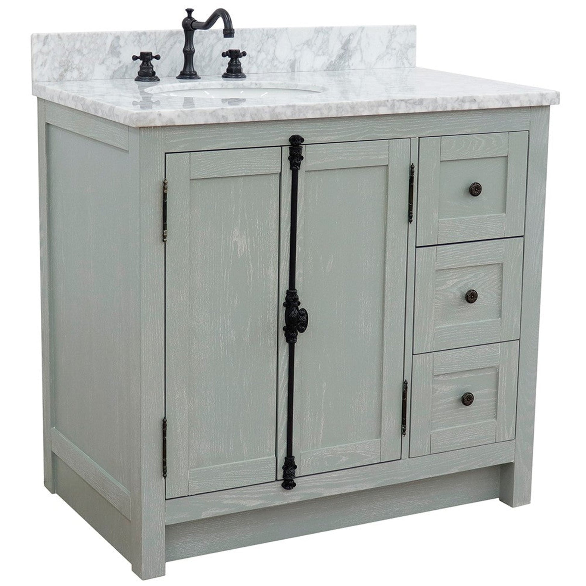 Bellaterra Home Plantation 37" 2-Door 3-Drawer Gray Ash Freestanding Vanity Set With Ceramic Left Offset Undermount Oval Sink and White Carrara Marble Top