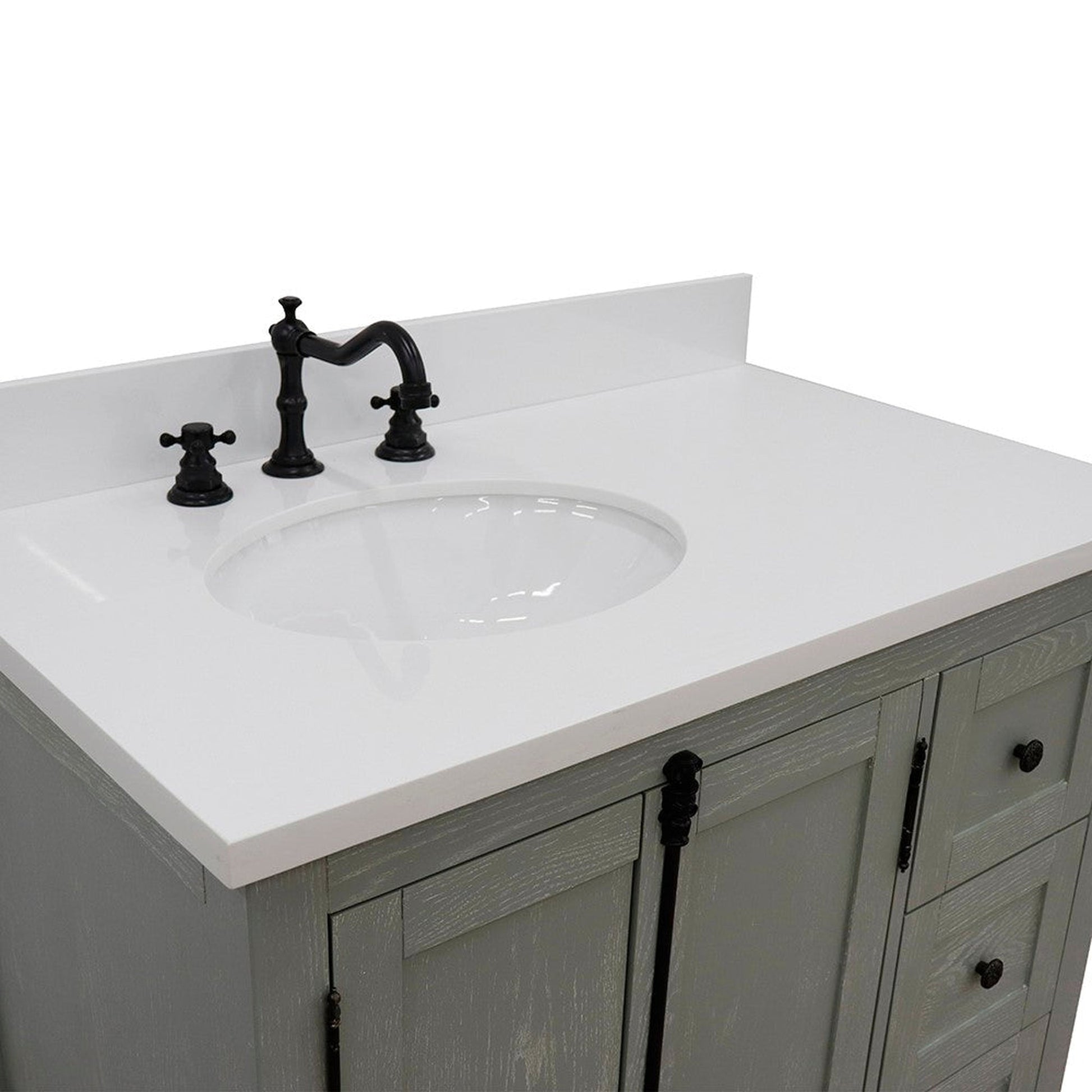 Bellaterra Home Plantation 37" 2-Door 3-Drawer Gray Ash Freestanding Vanity Set With Ceramic Left Offset Undermount Oval Sink and White Quartz Top