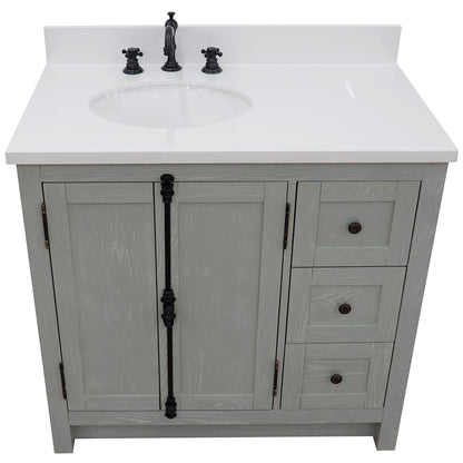 Bellaterra Home Plantation 37" 2-Door 3-Drawer Gray Ash Freestanding Vanity Set With Ceramic Left Offset Undermount Oval Sink and White Quartz Top