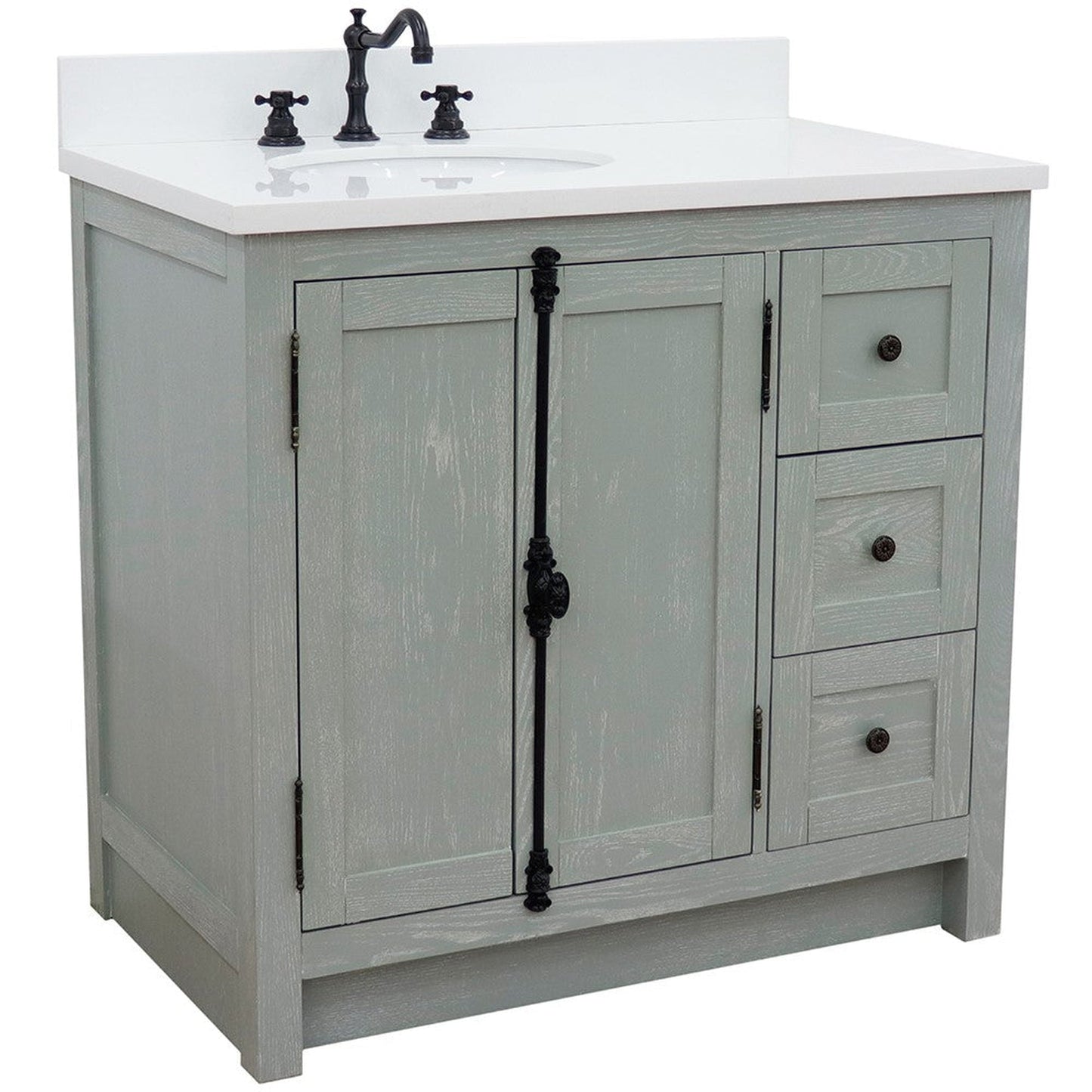 Bellaterra Home Plantation 37" 2-Door 3-Drawer Gray Ash Freestanding Vanity Set With Ceramic Left Offset Undermount Oval Sink and White Quartz Top