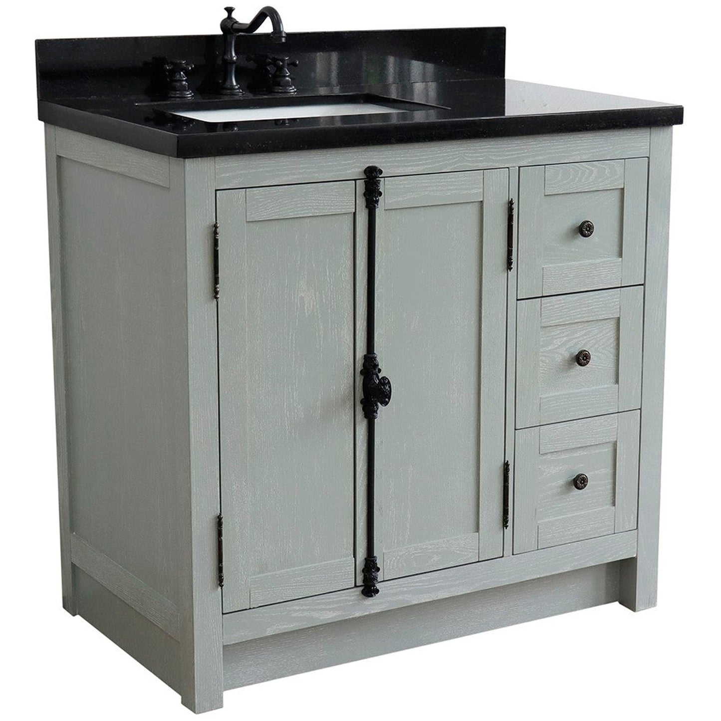 Bellaterra Home Plantation 37" 2-Door 3-Drawer Gray Ash Freestanding Vanity Set With Ceramic Left Offset Undermount Rectangular Sink and Black Galaxy Top