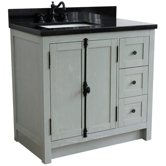 Bellaterra Home Plantation 37" 2-Door 3-Drawer Gray Ash Freestanding Vanity Set With Ceramic Left Offset Undermount Rectangular Sink and Black Galaxy Top