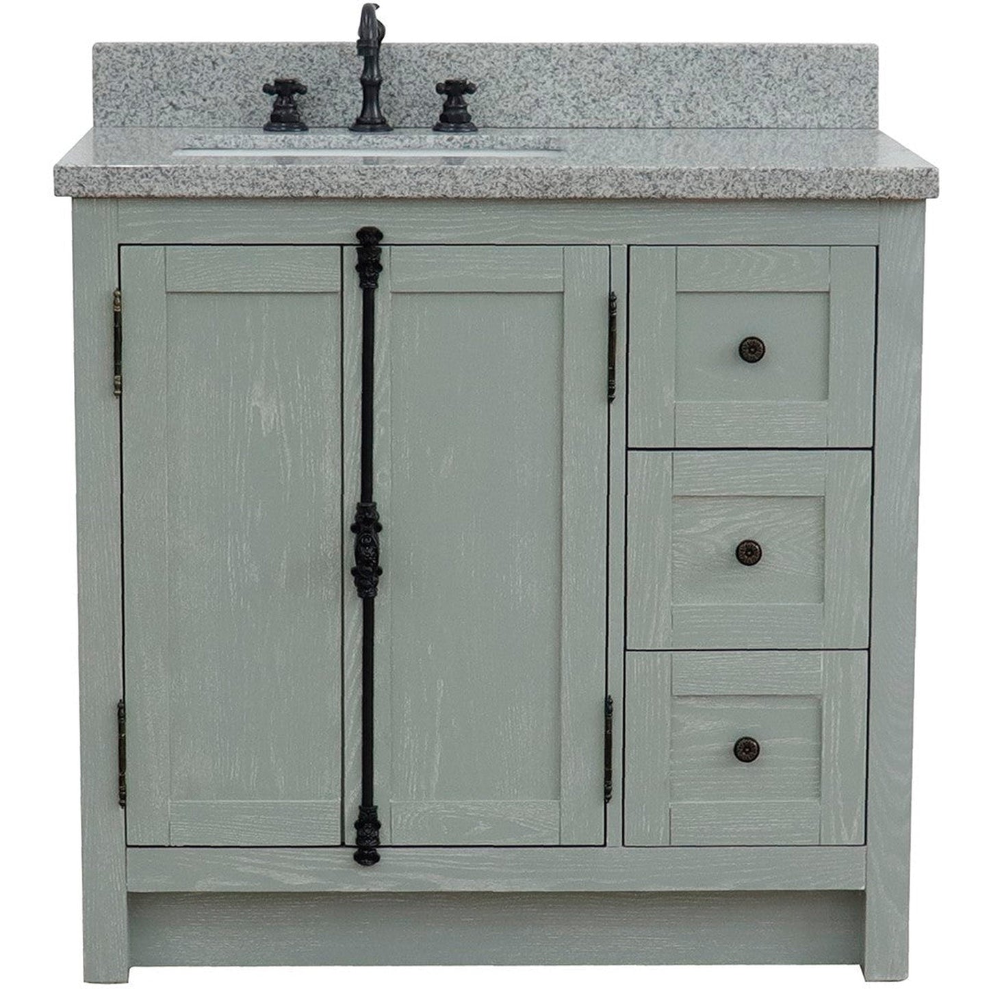 Bellaterra Home Plantation 37" 2-Door 3-Drawer Gray Ash Freestanding Vanity Set With Ceramic Left Offset Undermount Rectangular Sink and Gray Granite Top