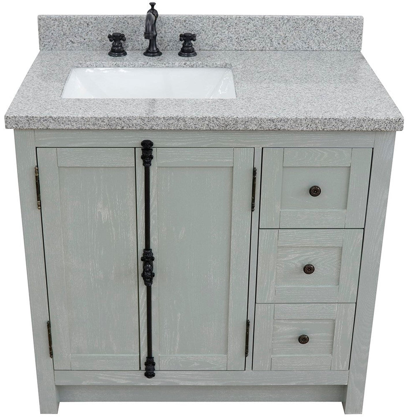 Bellaterra Home Plantation 37" 2-Door 3-Drawer Gray Ash Freestanding Vanity Set With Ceramic Left Offset Undermount Rectangular Sink and Gray Granite Top