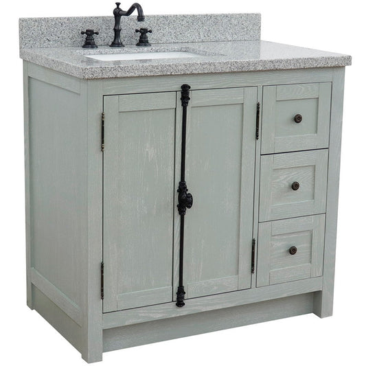 Bellaterra Home Plantation 37" 2-Door 3-Drawer Gray Ash Freestanding Vanity Set With Ceramic Left Offset Undermount Rectangular Sink and Gray Granite Top