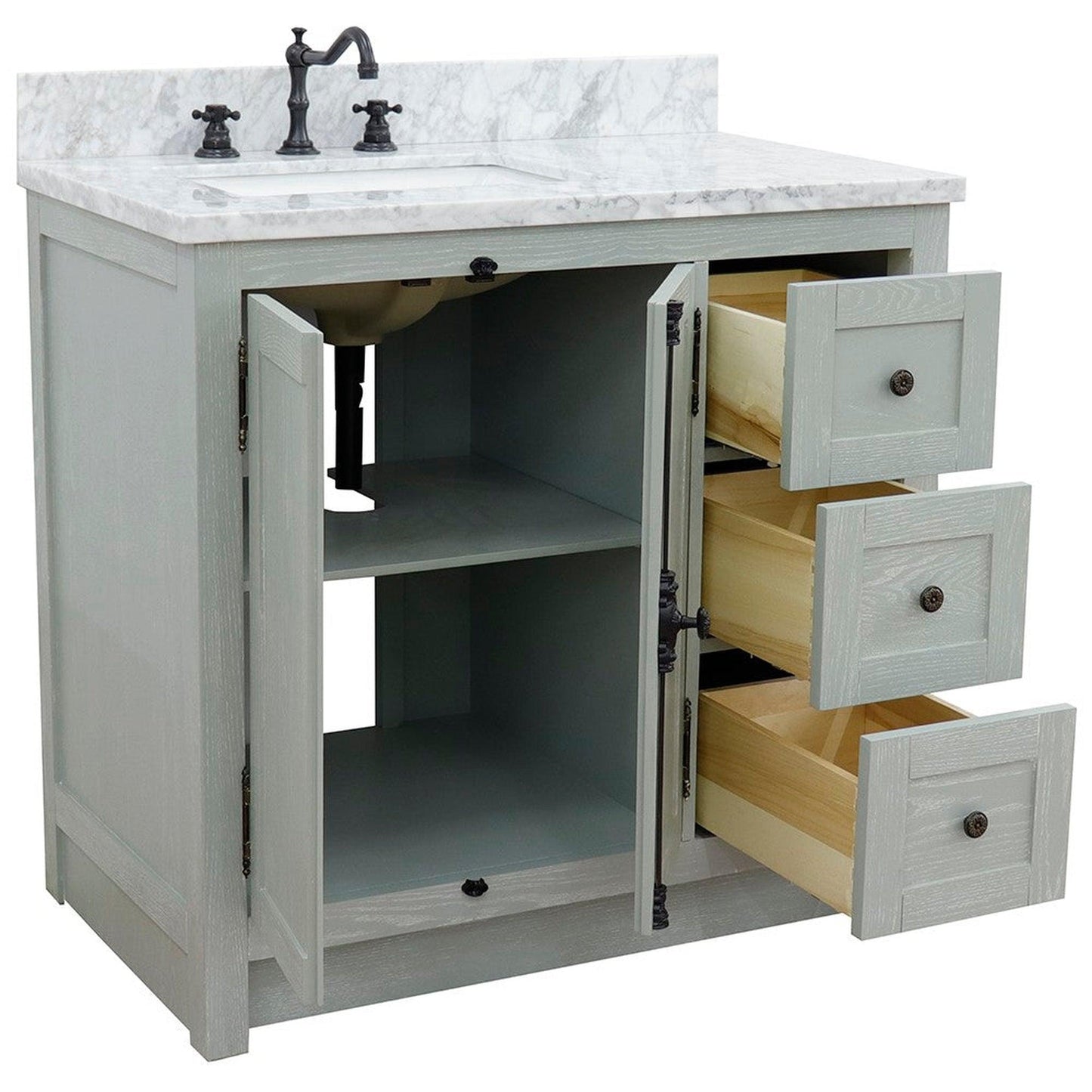 Bellaterra Home Plantation 37" 2-Door 3-Drawer Gray Ash Freestanding Vanity Set With Ceramic Left Offset Undermount Rectangular Sink and White Carrara Marble Top