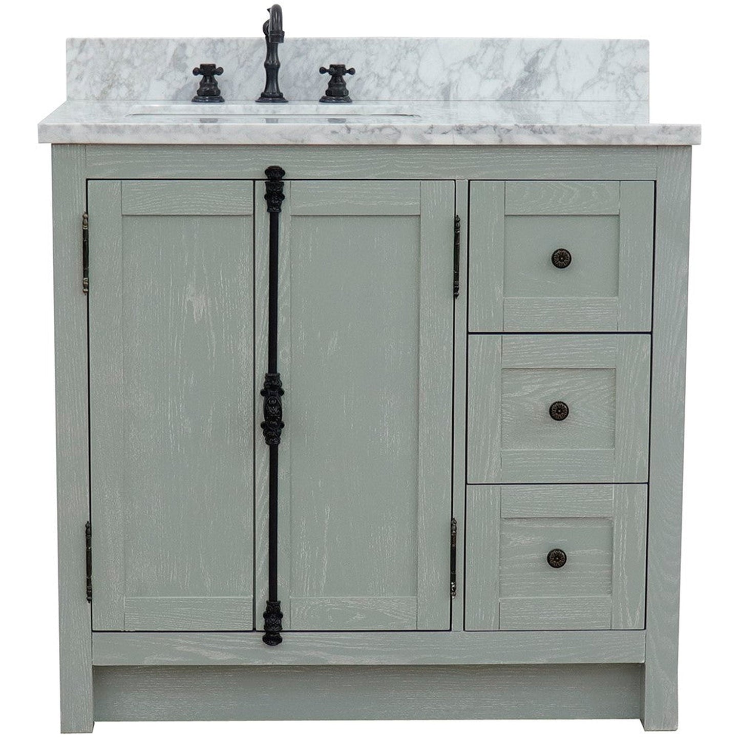 Bellaterra Home Plantation 37" 2-Door 3-Drawer Gray Ash Freestanding Vanity Set With Ceramic Left Offset Undermount Rectangular Sink and White Carrara Marble Top