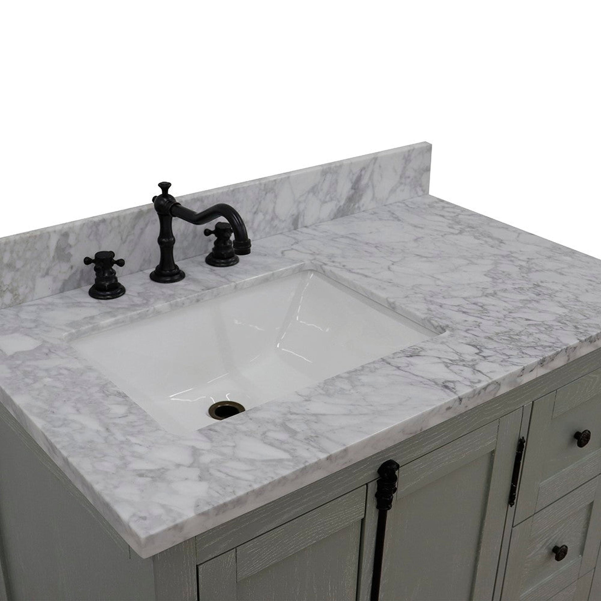 Bellaterra Home Plantation 37" 2-Door 3-Drawer Gray Ash Freestanding Vanity Set With Ceramic Left Offset Undermount Rectangular Sink and White Carrara Marble Top