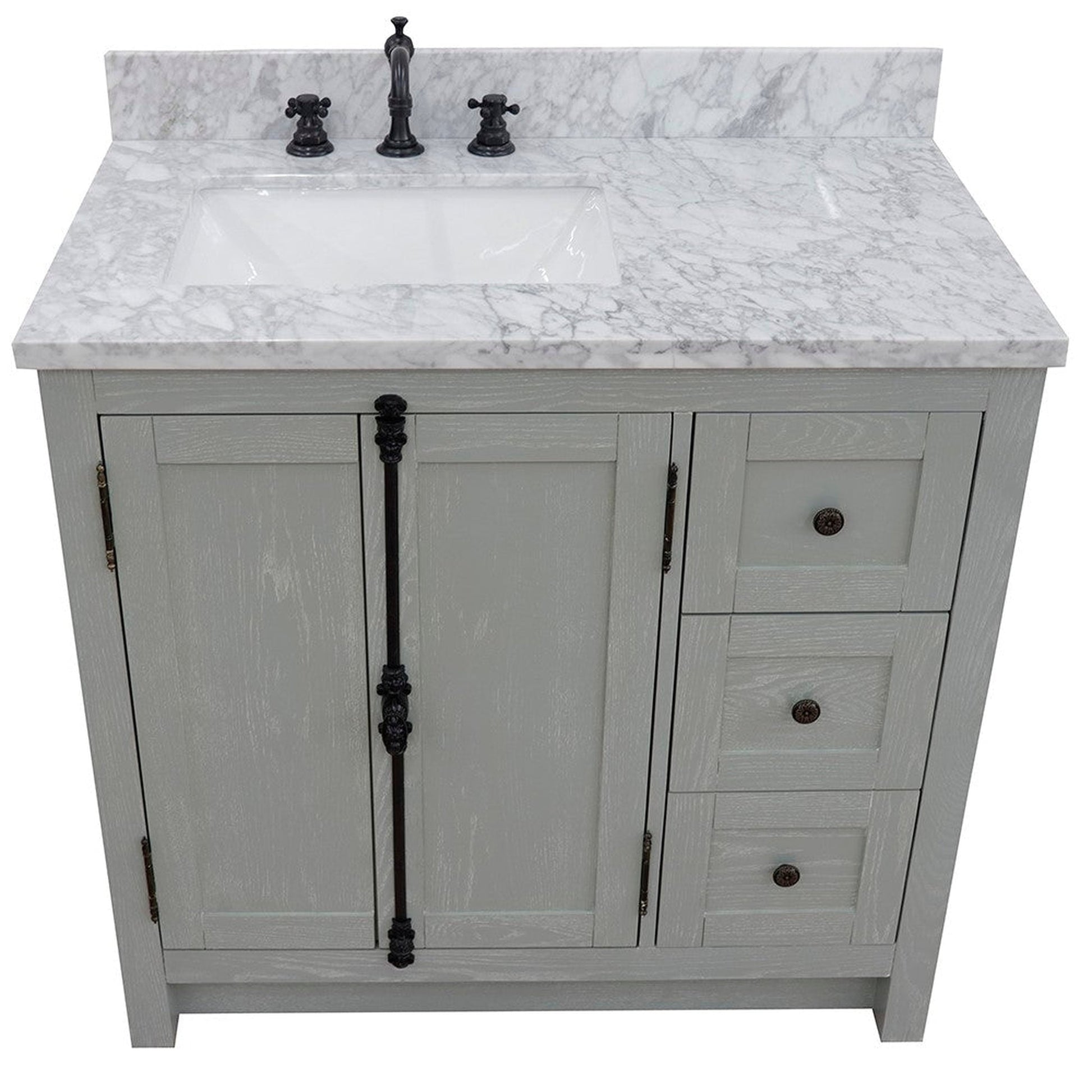 Bellaterra Home Plantation 37" 2-Door 3-Drawer Gray Ash Freestanding Vanity Set With Ceramic Left Offset Undermount Rectangular Sink and White Carrara Marble Top