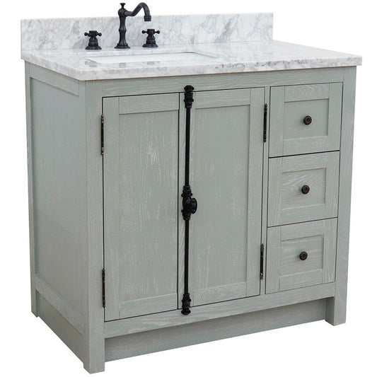 Bellaterra Home Plantation 37" 2-Door 3-Drawer Gray Ash Freestanding Vanity Set With Ceramic Left Offset Undermount Rectangular Sink and White Carrara Marble Top